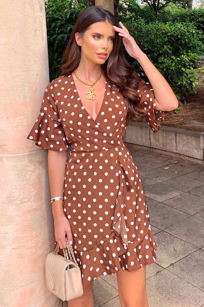 Brown Polka Dot Wrap Frill Dress – AX Paris