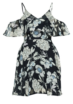 V Neck Frill Sleeve Cold Shoulder Swing Dress