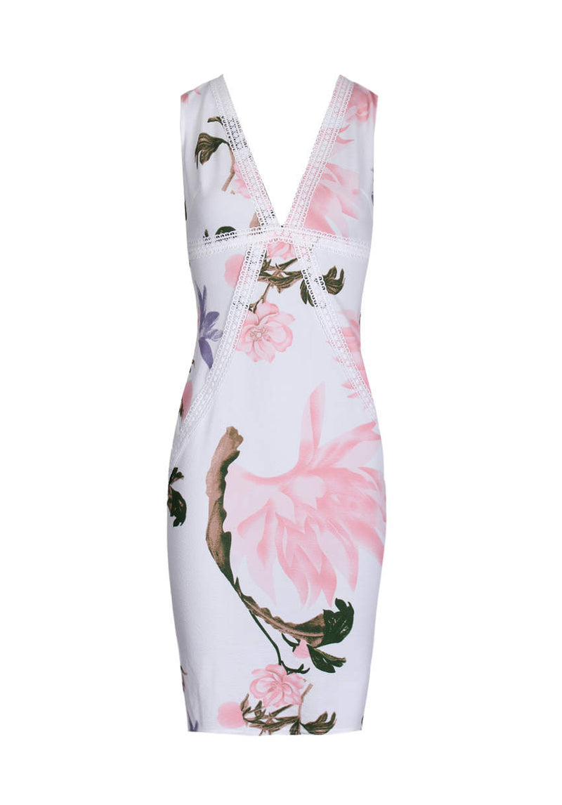 Cream Floral Crochet Detail Midi Dress