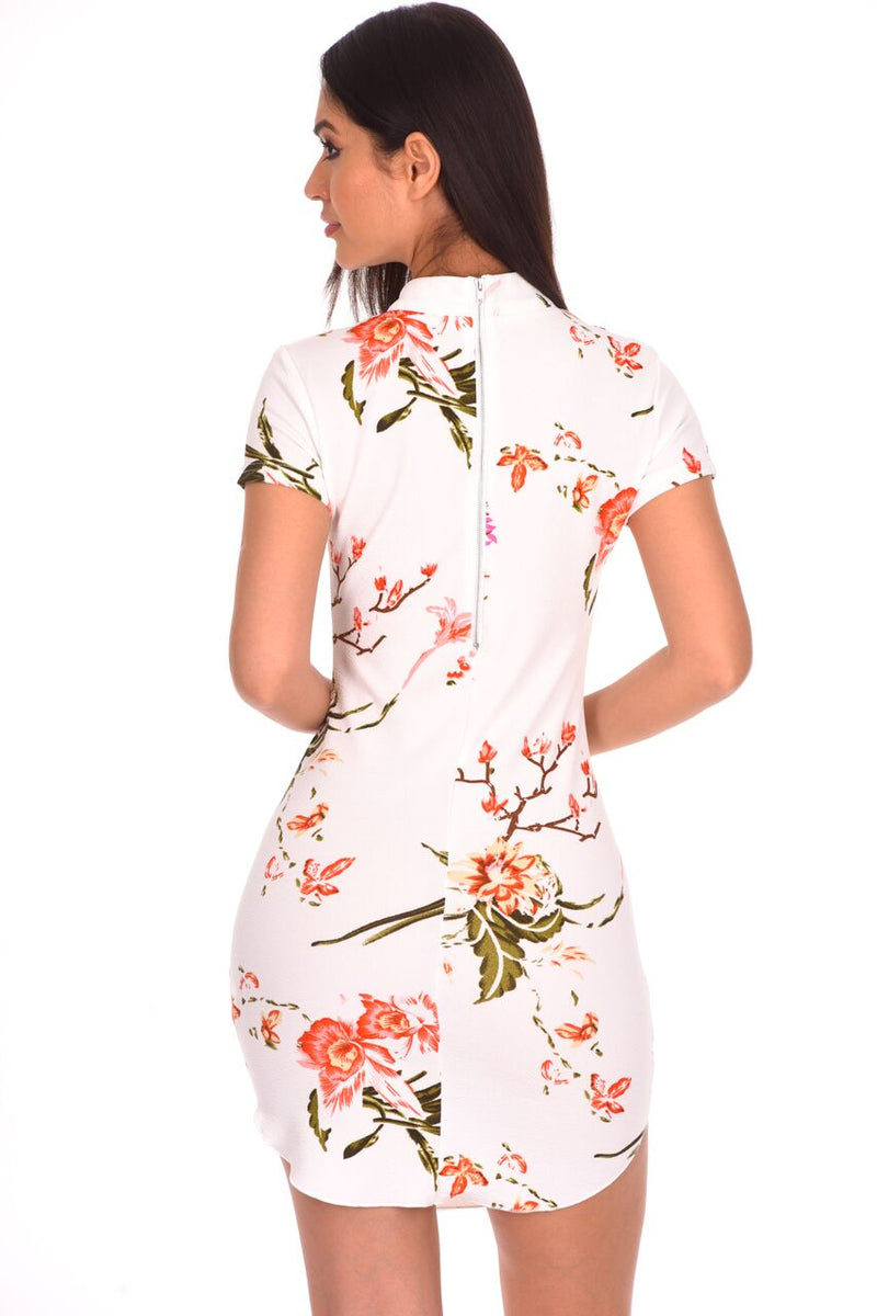 Cream Floral High Neck Dress