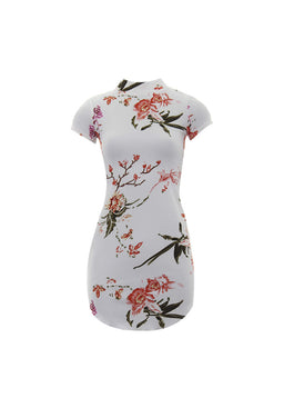 Cream Floral High Neck Dress