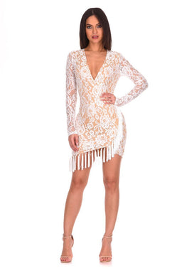 Cream Lace Sleeved Bodycon Dress