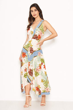 Cream Tropical V Neck Maxi Dress