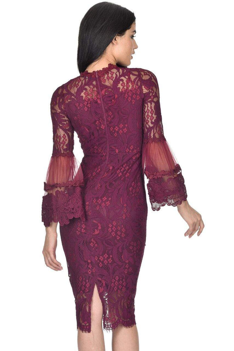 Plum Lace Frill Sleeve Midi Dress