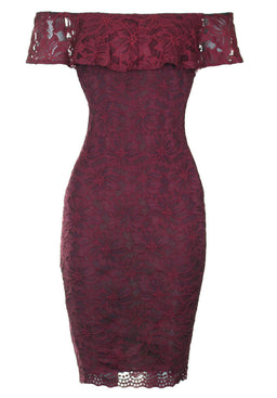 Wine Ruffled Off The Shoulder Lace Midi Dress