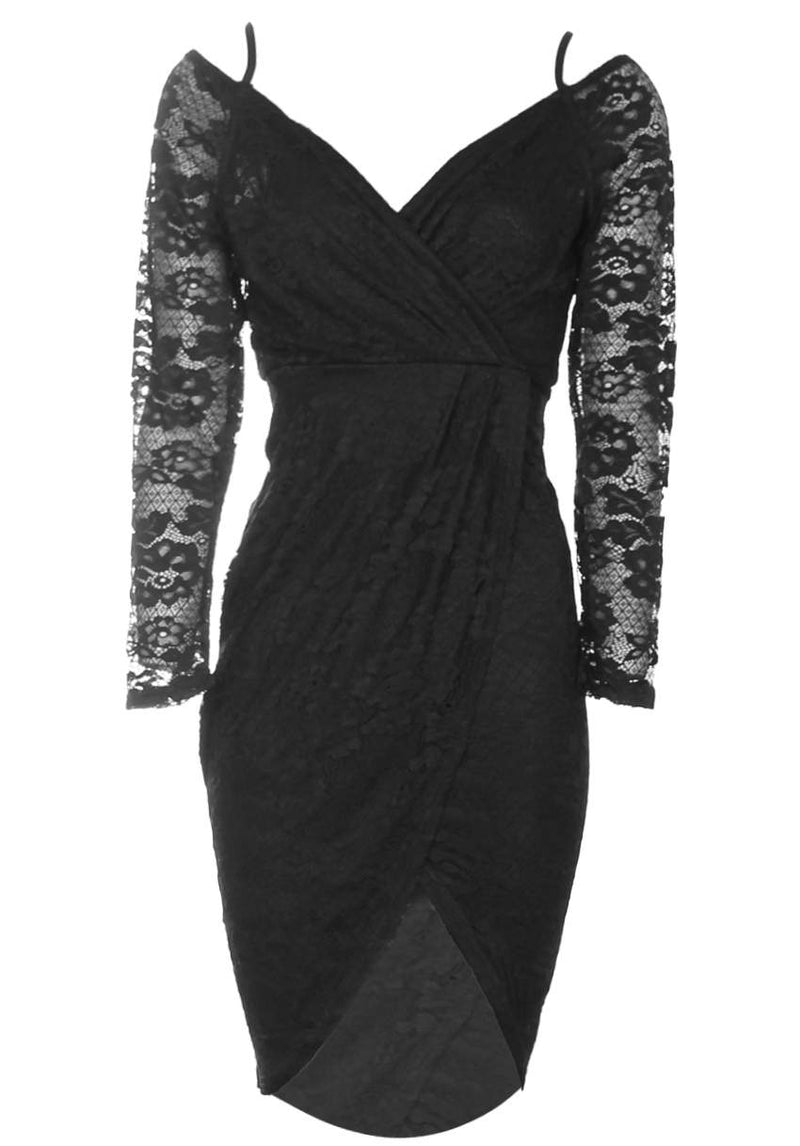 Black Lace Long Sleeved Wrap Dress
