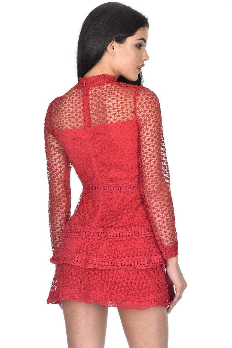 Red Crochet Long Sleeved Dress