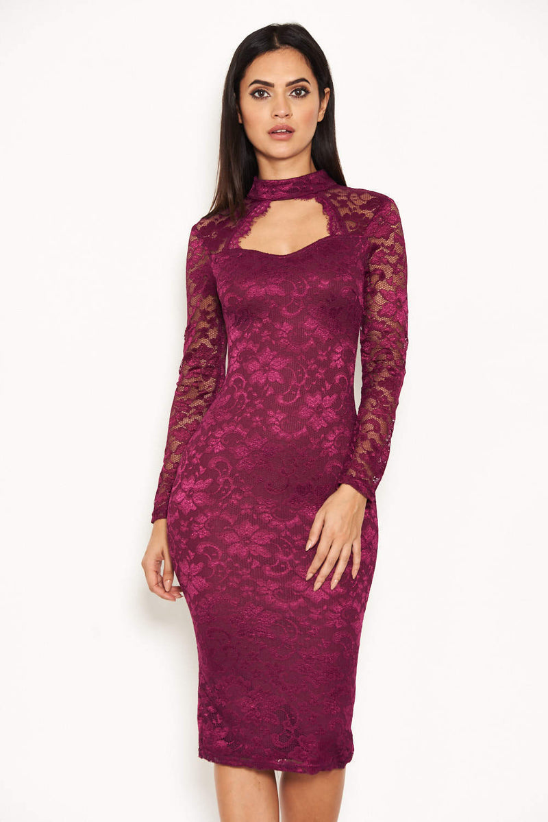 Plum Lace Midi Dress With Long Sleeves