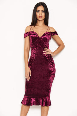 Plum Velvet Off The Shoulder Midi Dress With Frill Hem