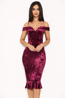 Plum Velvet Off The Shoulder Midi Dress With Frill Hem