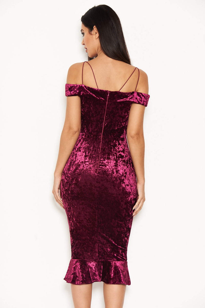 Plum Velvet Off The Shoulder Midi Dress With Frill Hem