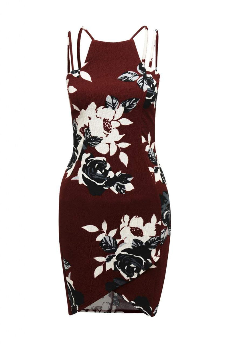 Burgundy Mini Dress with Floral Printed Detail