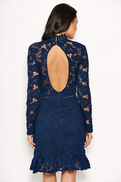 Navy Lace Dress With Frill Hem And Cut Out Back – AX Paris