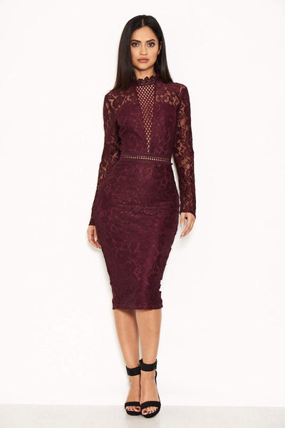 Plum High Neck Lace Dress With Frill Hem AX Paris