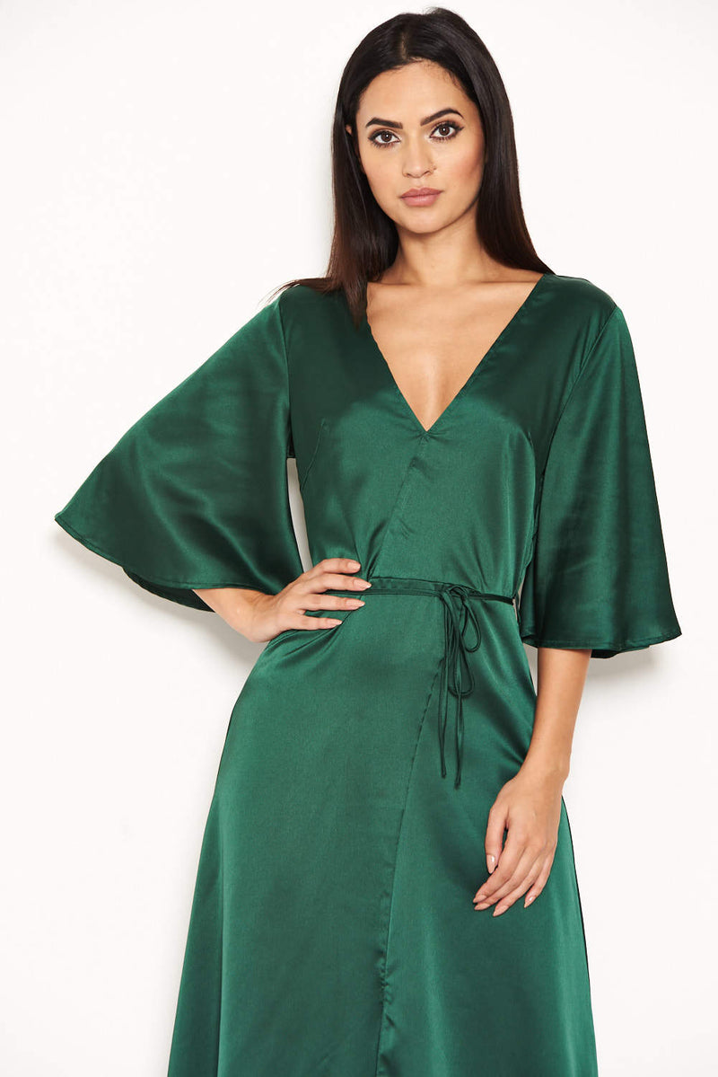 Green Midi Dress With Ruffle Sleeves And Tie Waist