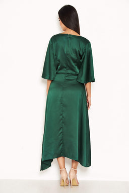 Green Midi Dress With Ruffle Sleeves And Tie Waist