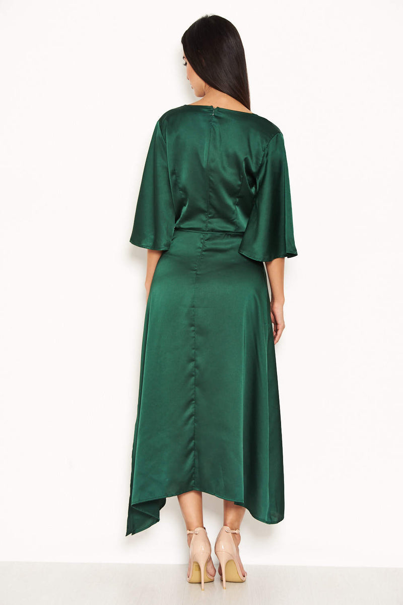 Green Midi Dress With Ruffle Sleeves And Tie Waist