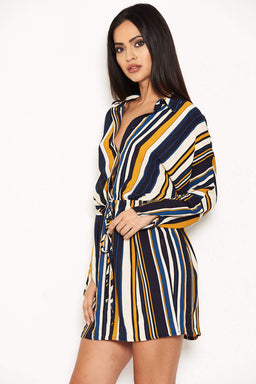 Navy Stripe Waist Tie Shirt Dress