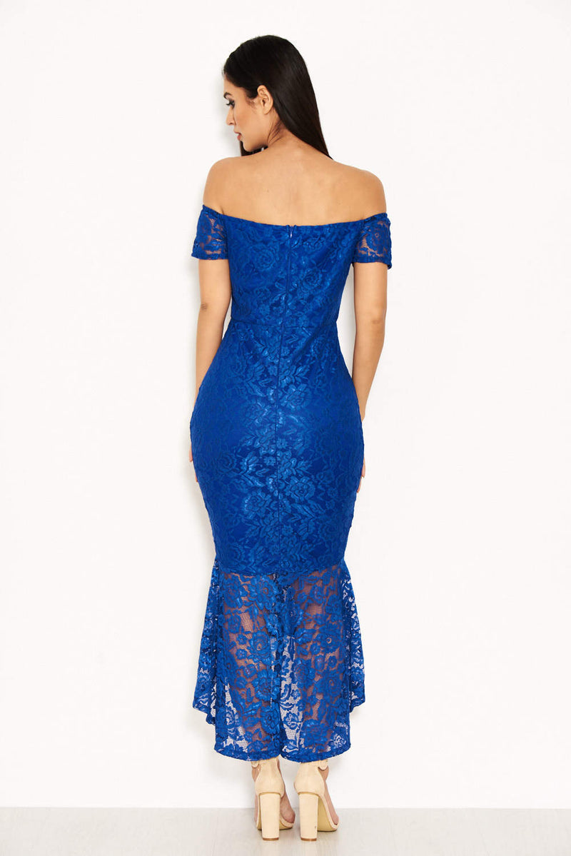 Blue Lace Bardot Fishtail Dress