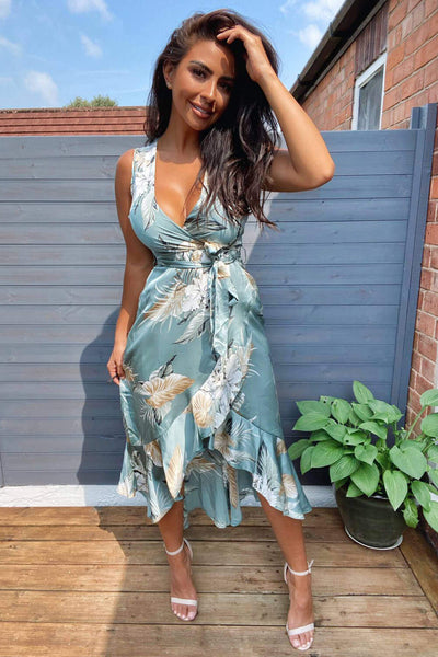 Duck Egg Floral Satin Wrap Frill Dress  AX Paris