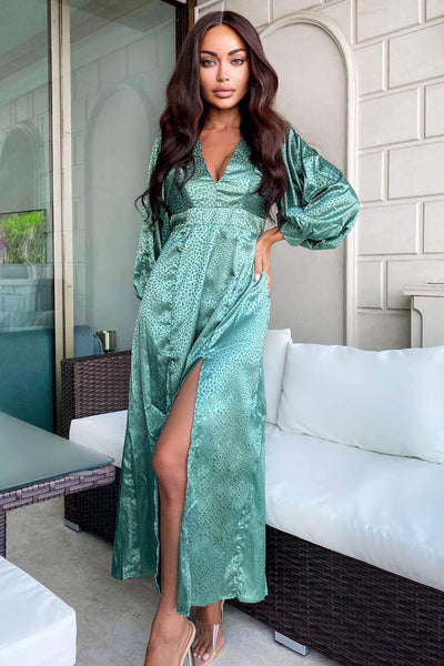 Duck Egg Satin Printed Maxi Dress with Front Splits AX Paris