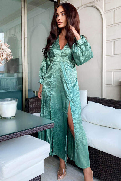 duck egg maxi dress Duck Egg Satin Printed Maxi Dress with Front Splits – AX Paris