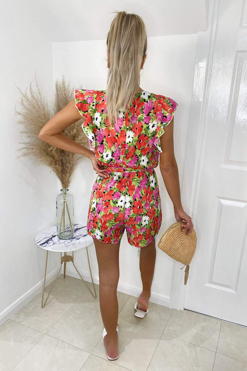 Floral V-neck Tie Waist Playsuit