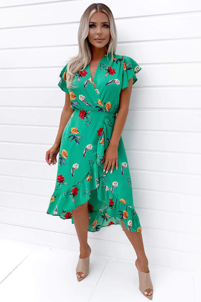 green emerald velvet dress Green Floral Satin Ruffle Midi Dress – AX Paris