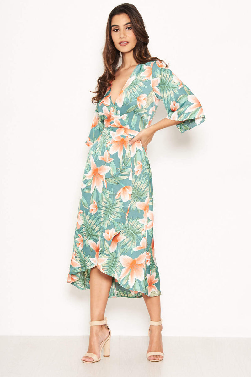 Green Floral Wrap Maxi Dress