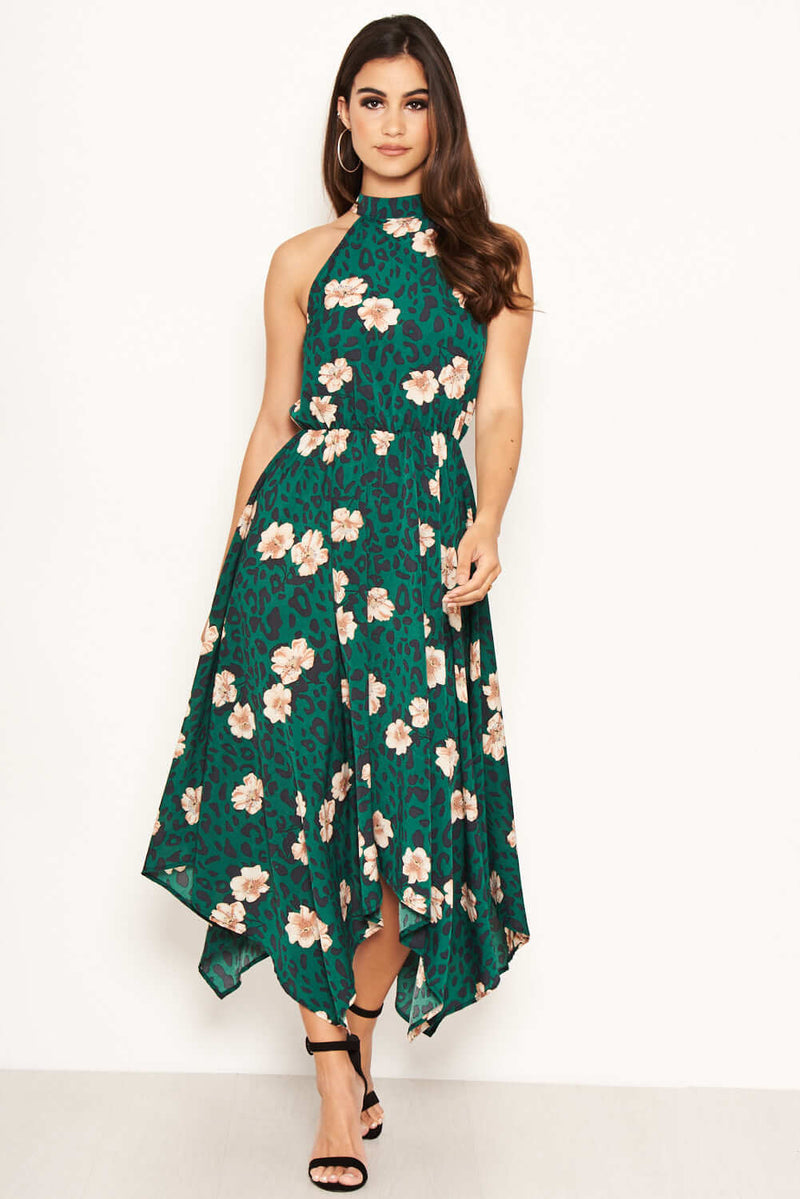 Green Leopard Print High Neck Dress