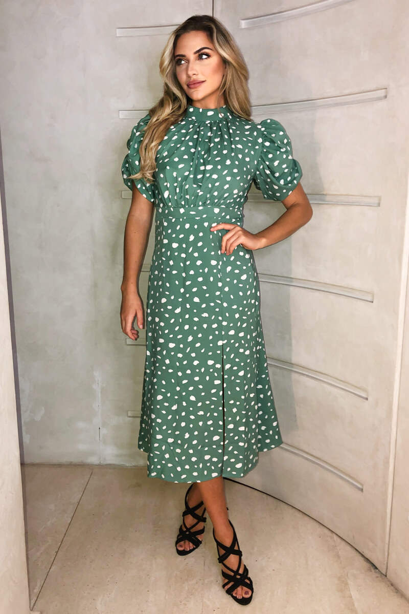 Green Printed Ruched Short Sleeve Midi Dress