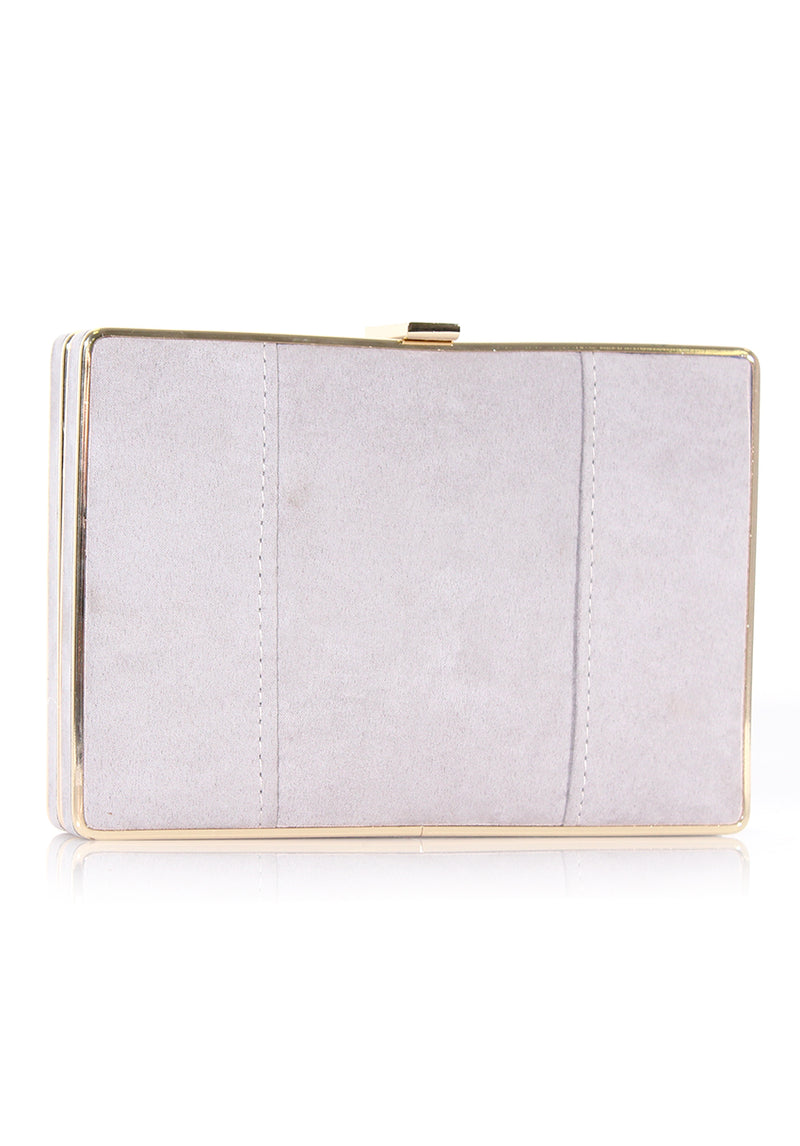 Grey Box Suede Clutch with Gold Detail
