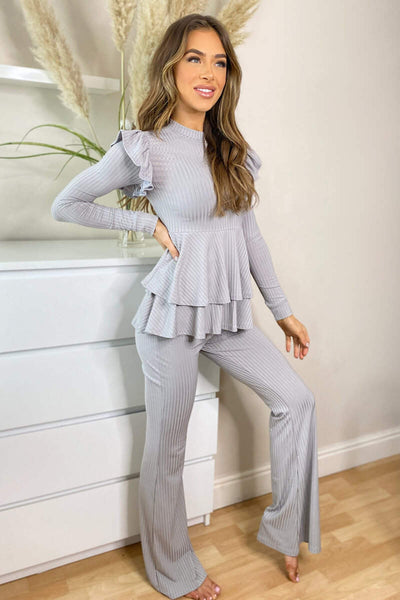 Grey Ribbed Frilled Hem Lounge Suit – AX Paris
