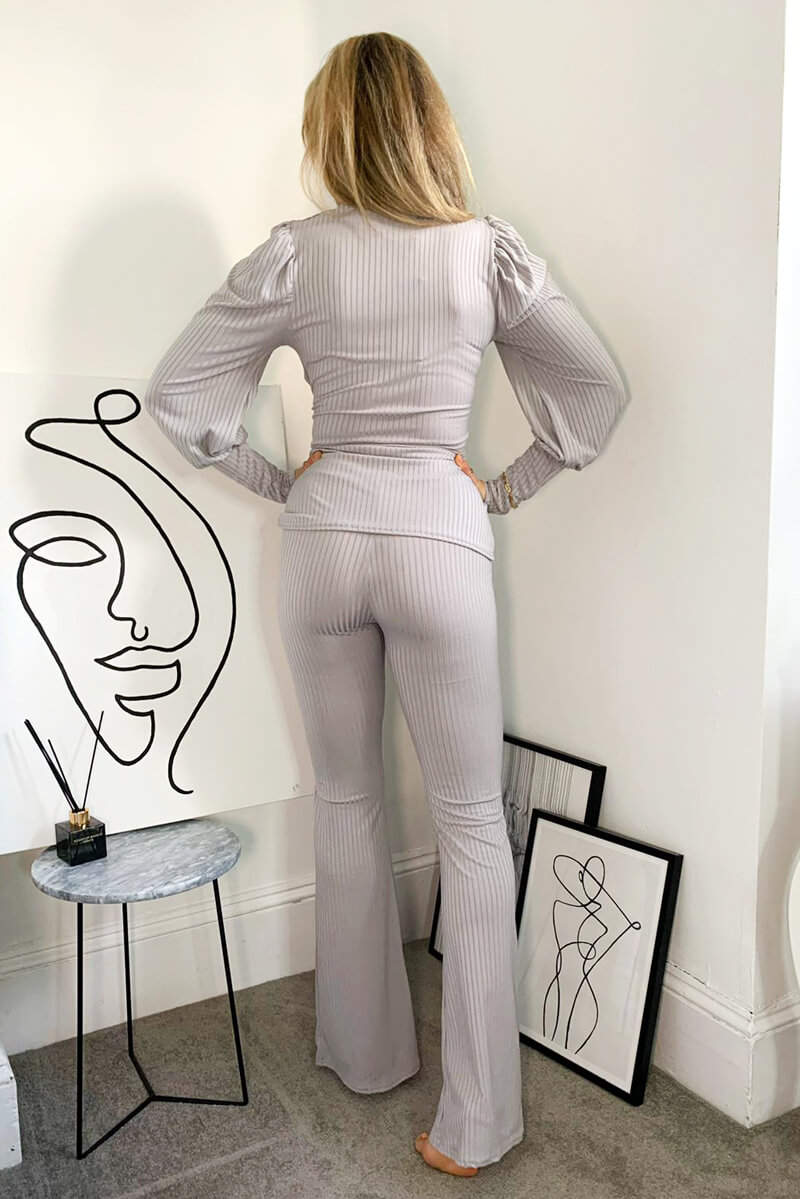 Grey Ribbed Tie Waist Lounge Set