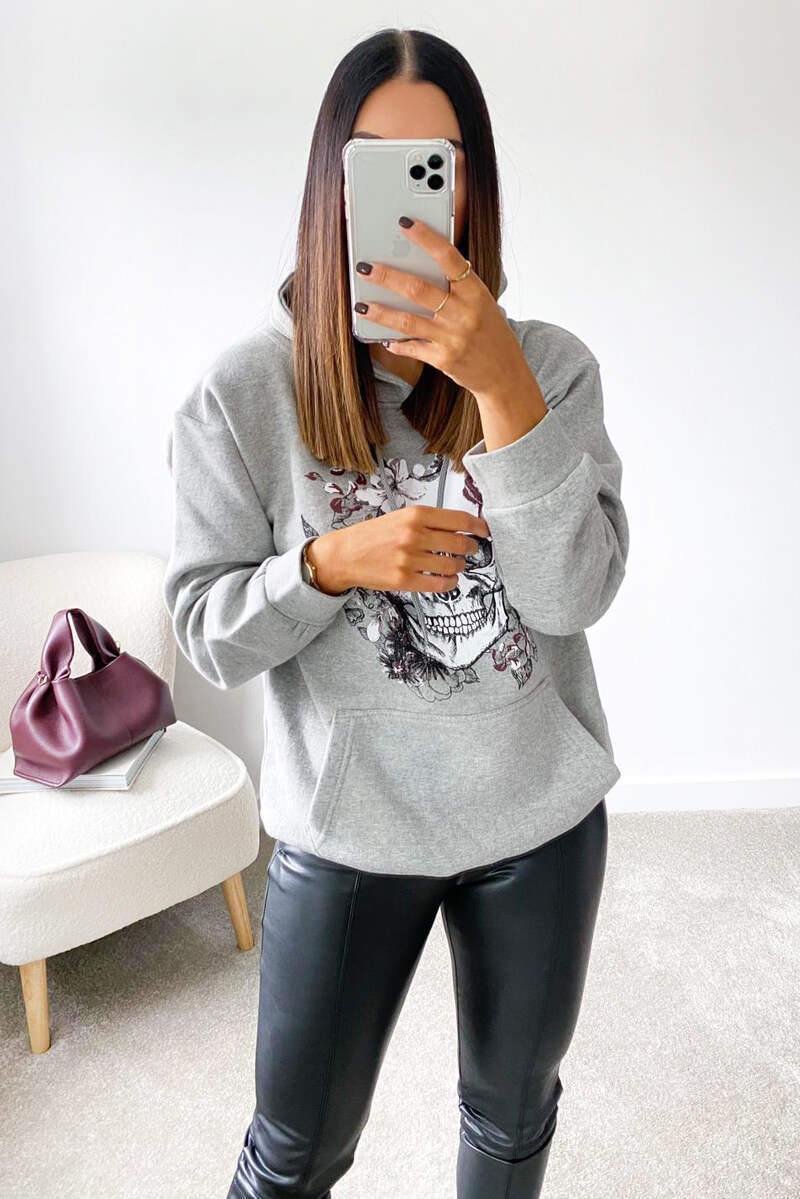 Grey Skull Printed Hoodie