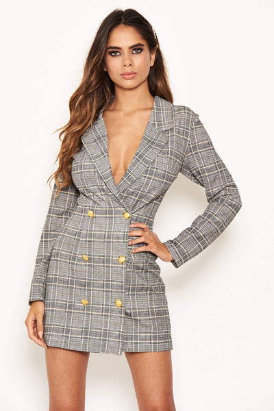 Grey Check Gold Button Blazer Dress – AX Paris