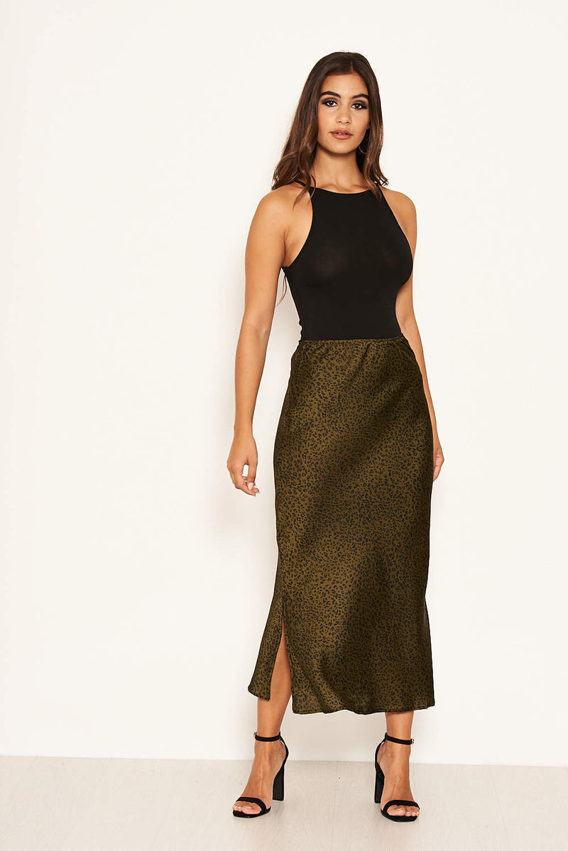 Khaki Animal Print Midi Skirt