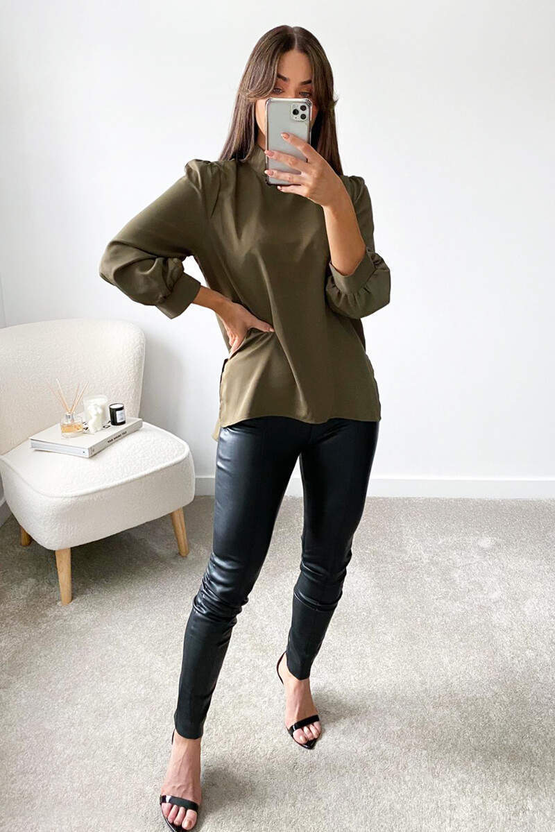 Khaki High Neck Dip Hem Blouse