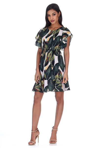 Leaf Printed Frill Detail Mini Dress AX Paris