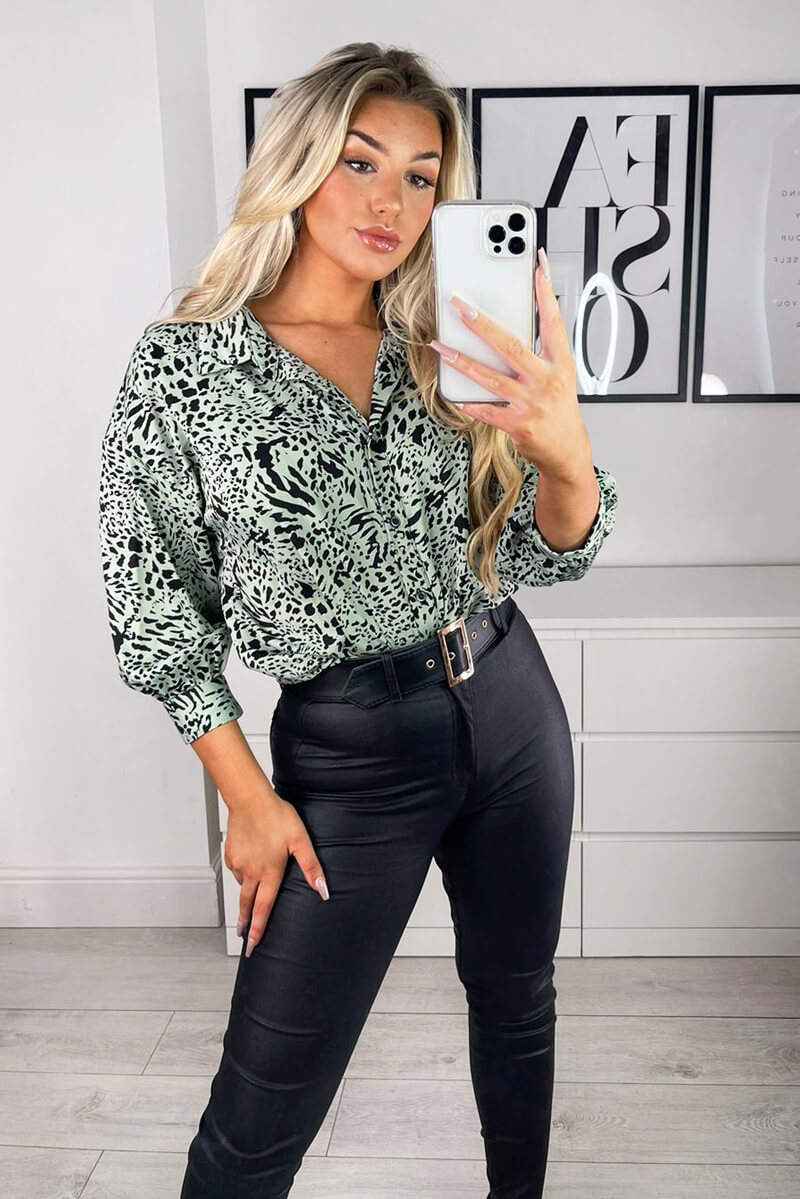 Mint Animal Print Dip Hem Shirt