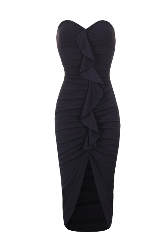 Navy Bardot Frill Detail Midi Dress