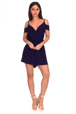 Navy Cold Shoulder Wrap Front Playsuit