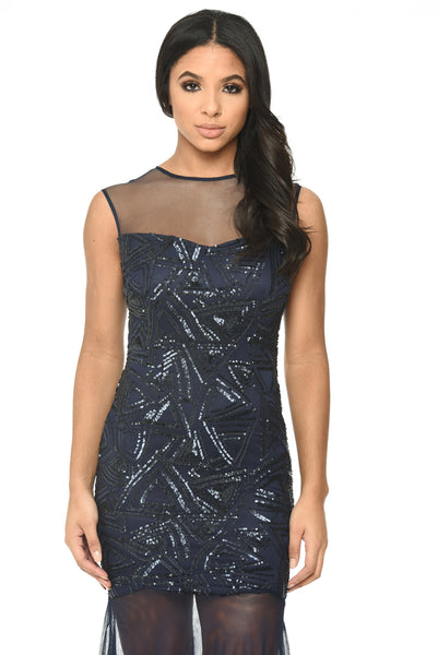 Navy Floor Length Dress With Mesh And Embroidery – AX Paris