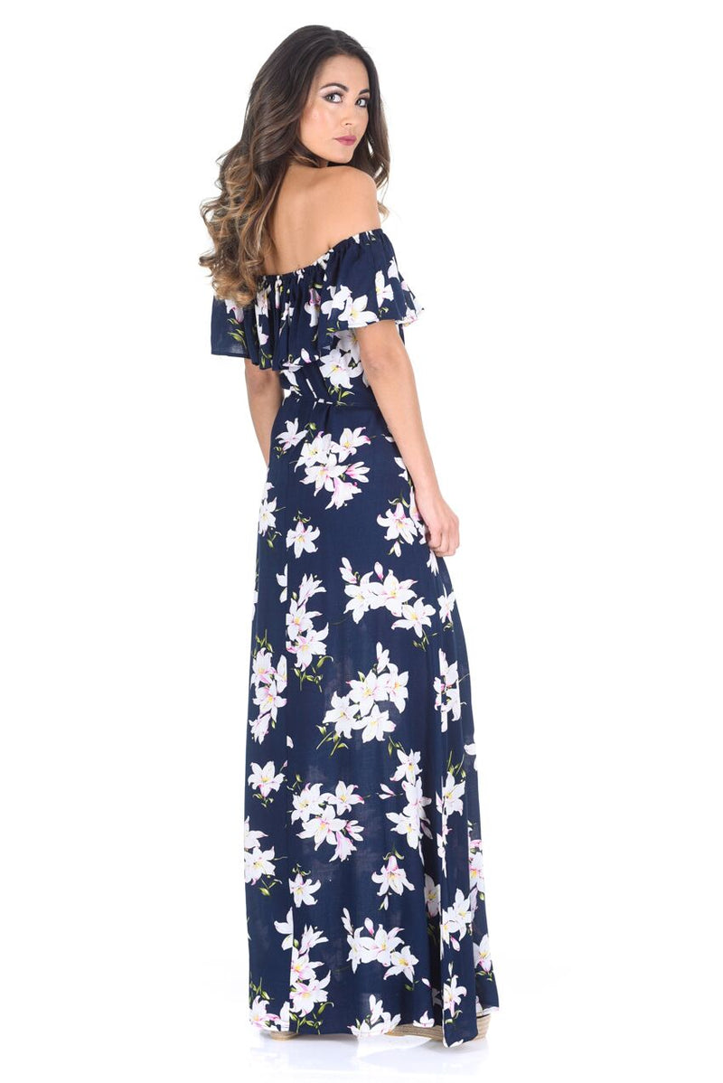 Navy Floral Bardot Printed Maxi Dress