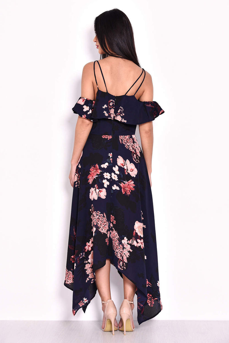 Navy Floral Cold Shoulder Maxi Dress