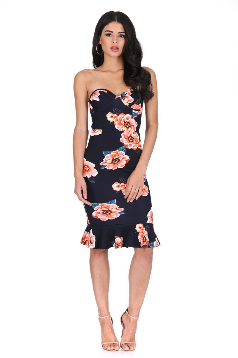 Navy Floral Frill Hem Bandeau Dress