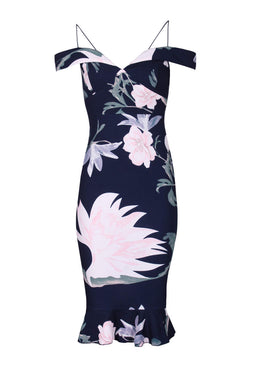 Navy Floral Fishtail Hem Midi Dress