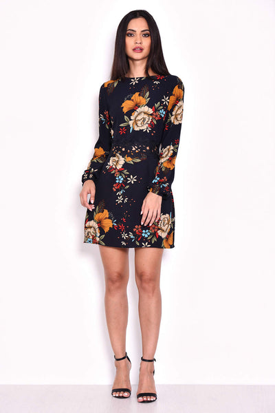 Navy Floral Mini Dress With Crochet Waist AX Paris