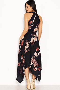 Navy Floral Print Choker Maxi Dress