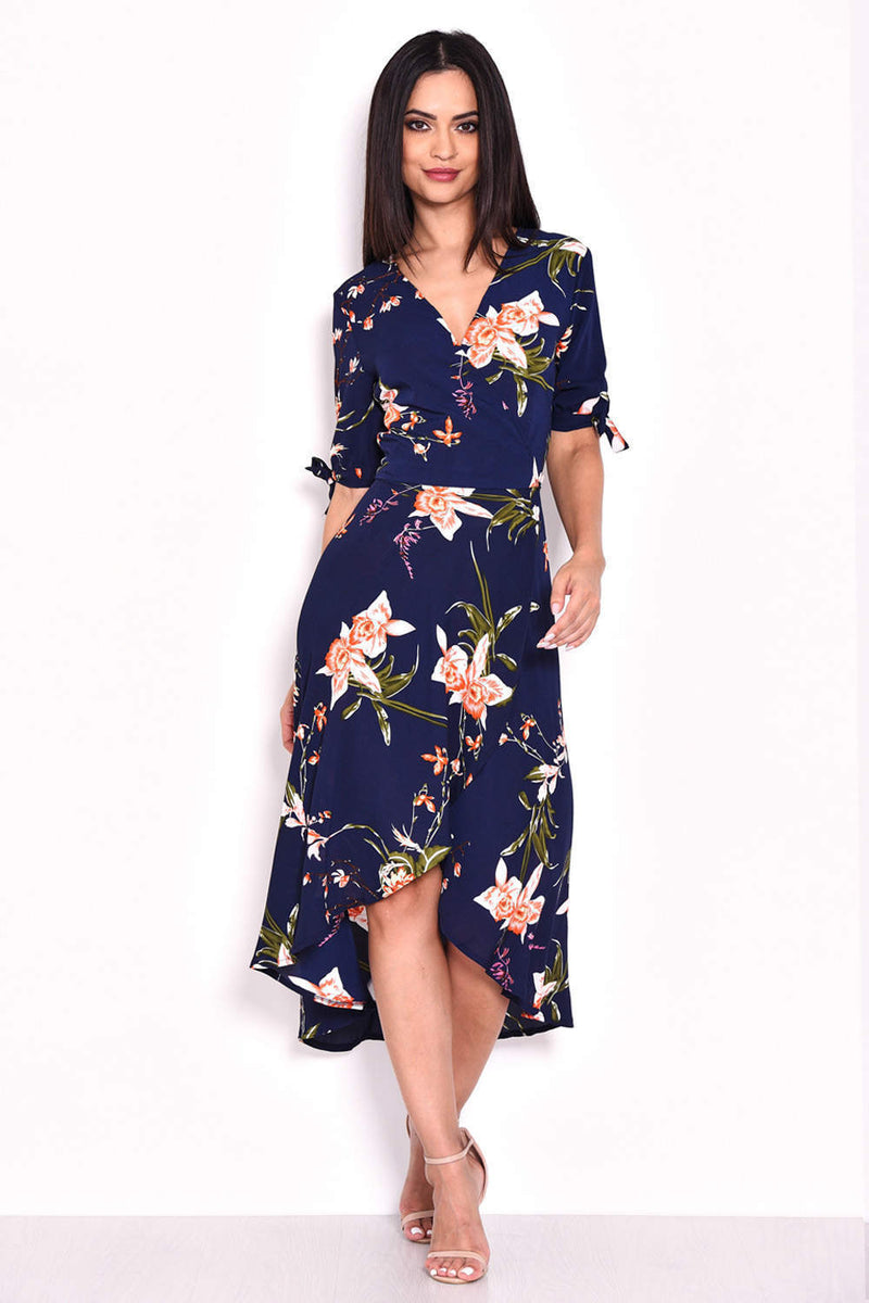 Navy Floral Print Wrap Dress